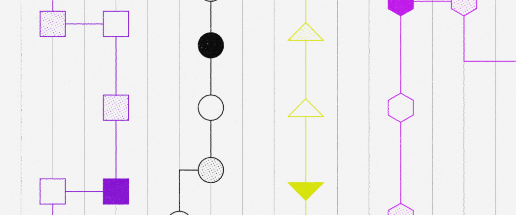 Ilustração com fundo branco, pontinhos pretos, com formas geométricas interligadas por linhas na vertical, em tons de roxo, preto, verde e rosa.