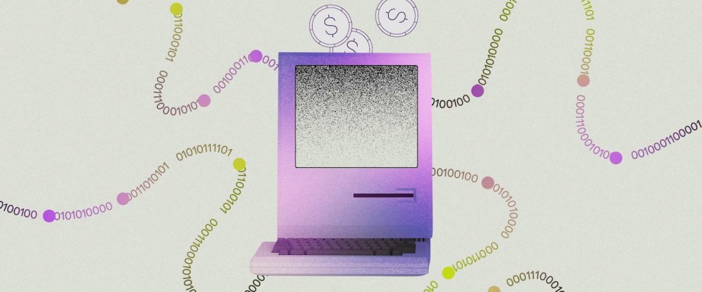 ilustração em fundo claro, com um computador em tons de roxo no centro, com moedas saindo da parte de cima com um cifrão no meio, e números como se fossem de boletos, saindo dos lados.
