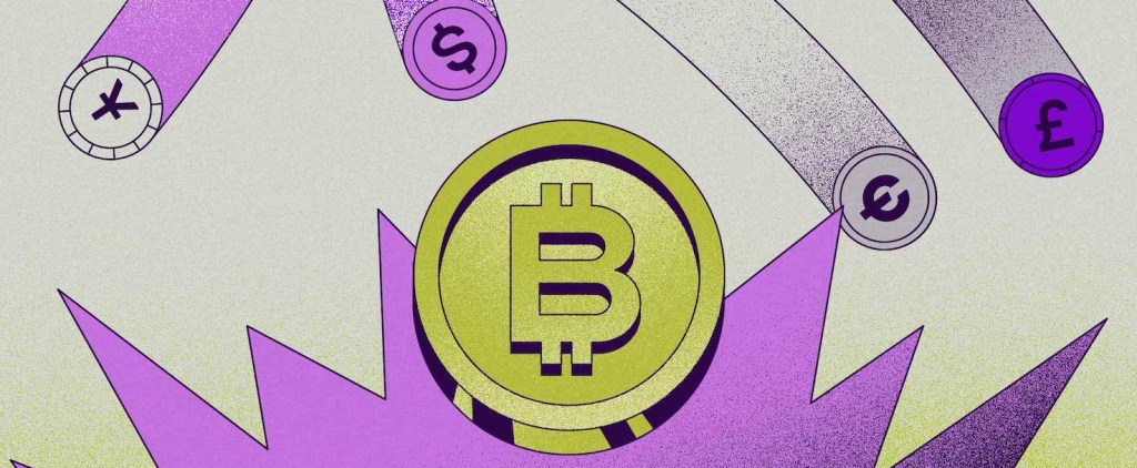 Ilustração com fundo bege e rosa mostra uma grande moeda digital no centro, com o símbolo do bitcoin, e várias moedinhas menores, caindo.