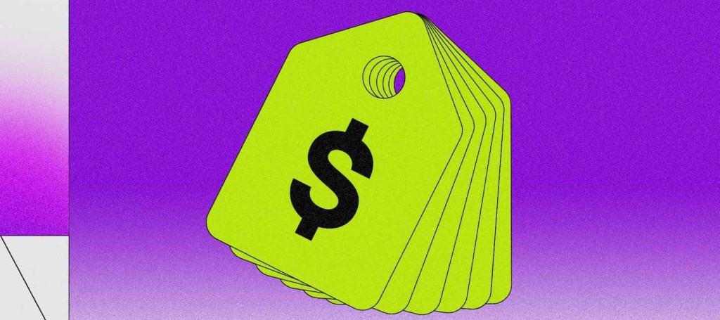 Ilustração de uma etiqueta verde limão com o símbolo de cifrão preto ($) no centro dela.