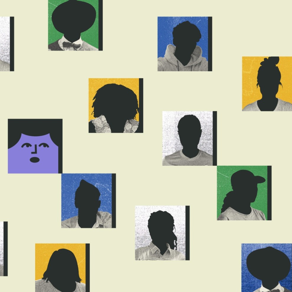 Na ilustração aparecem, sobre um fundo amarelo claro, diversas imagens de rostos de pessoas como se fossem fotografias em uma parede, mas não se pode identificar o rosto de nenhuma, apenas que são pessoas diferentes umas das outras