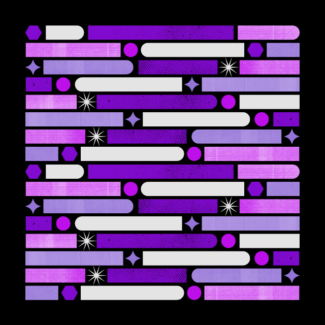 Ilustração com fundo preto e barras na horizontal, intercaladas entre as cores brancas, roxa e rosa, e itens em círculos e estrelas entre elas.