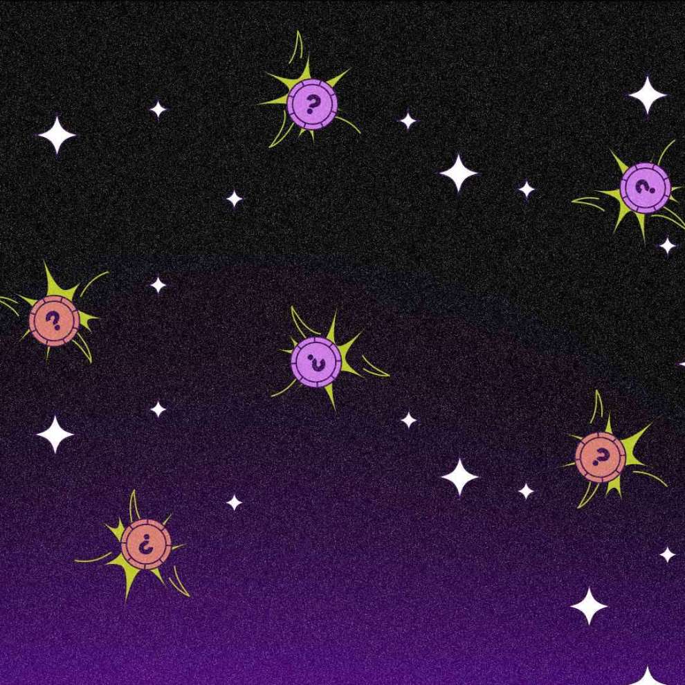 Na ilustração aparece um céu estrelado meio arroxeado com várias moedas aparecendo com símbolos de interrogação, como se fossem fogos de artifício