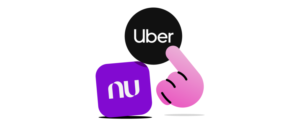 Ilustração em fundo branco, com o logo do Nubank em formato de cubo roxo, no canto inferior esquerdo. Ao lado direito, a ilustração de uma mão em tons de rosa, que aponta para o logotipo da Uber em formato redondo, na parte superior da imagem.