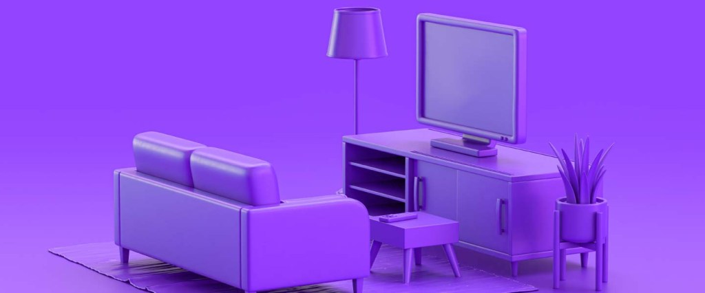 Imagem mostra uma sala com sofá e TV. Todos os elementos são roxos.