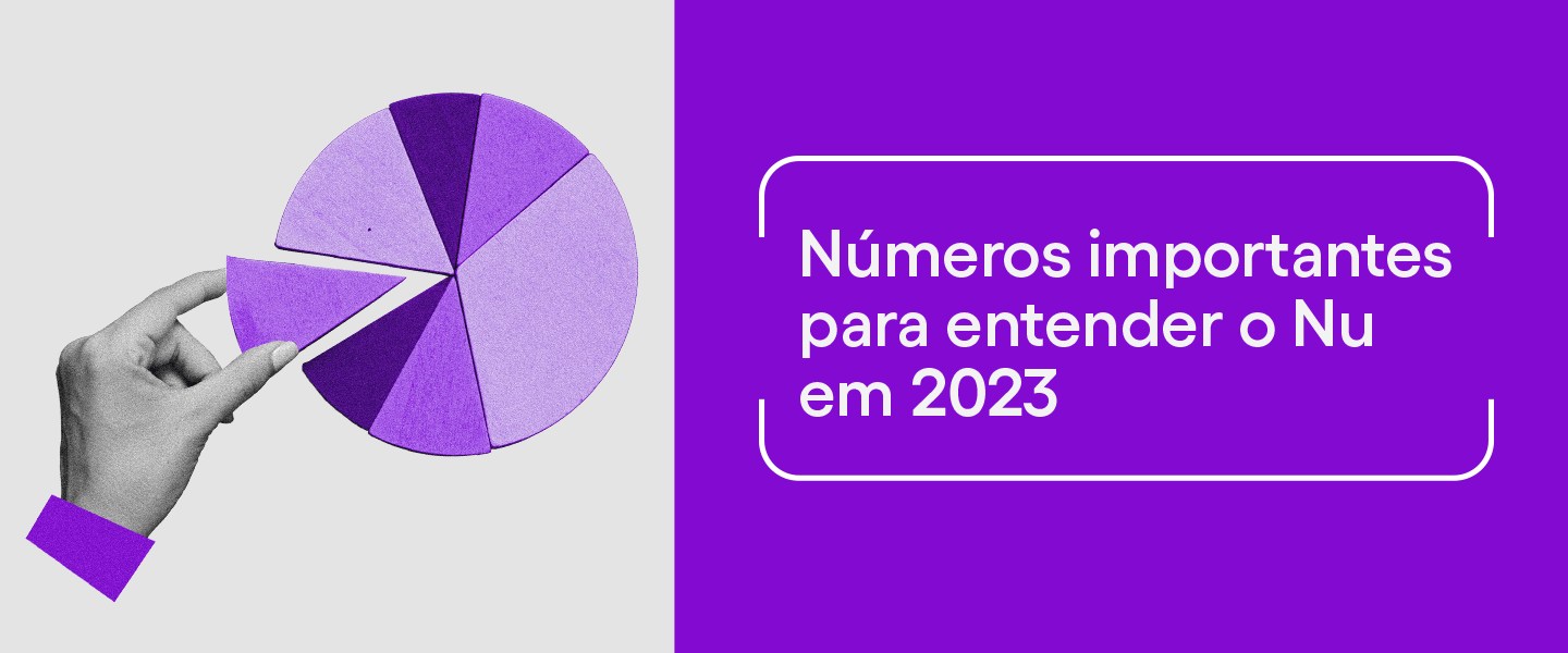 8 números importantes para entender o Nubank em 2023: colagem de uma mão segurando uma parte de um gráfico de pizza. A colagem tem diferentes tons de roxo e cinza. Do lado direito da imagem, está escrito "Números importantes pata entender o Nu em 2023".