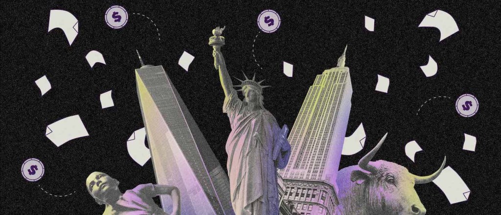 Ilustração com fundo preto mostra várias imagens de Nova York, como a estátua da liberdade, o touro de wall street, o empire state building e uma colagem de cor acinzentada.