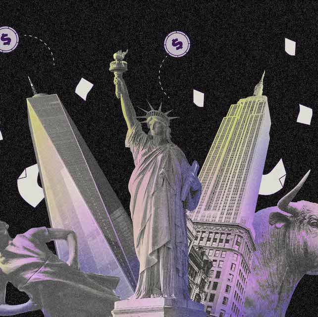 Ilustração com fundo preto mostra várias imagens de Nova York, como a estátua da liberdade, o touro de wall street, o empire state building e uma colagem de cor acinzentada.