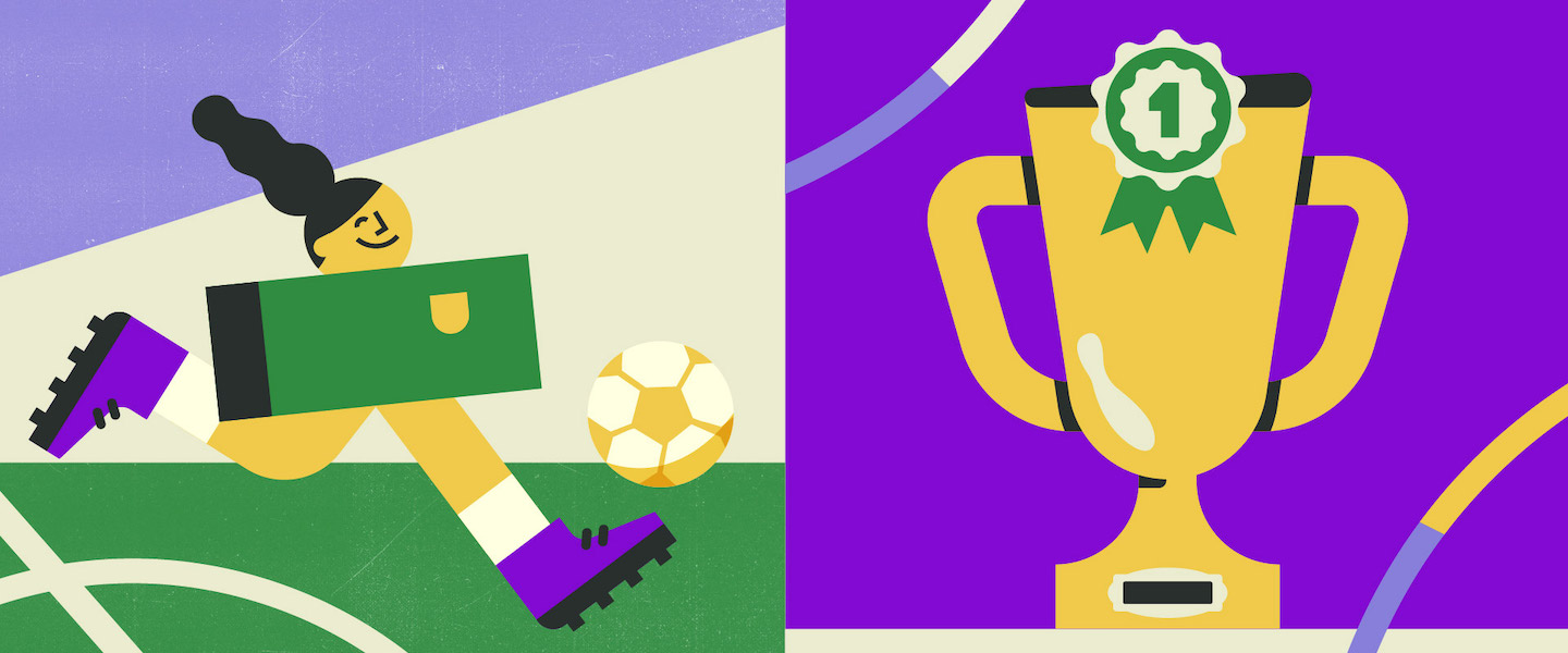 Ilustração de uma jogadora correndo em campo, com a bola no pé. Ao lado, um troféu de primeiro lugar, em um fundo roxo.