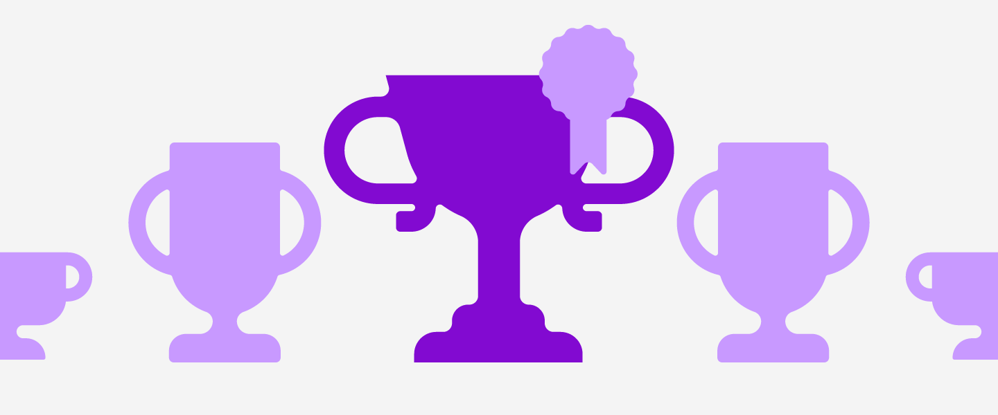 ilustração de alguns troféus em tons de lilás, e um maior no meio, roxo.