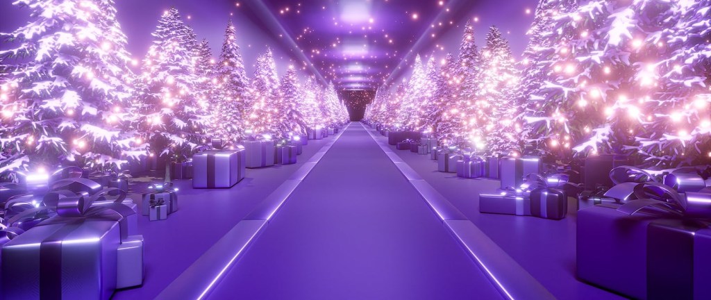 Foto mostra um corredor longo e todo roxo, iluminado por várias árvores de Natal com também roxas e com luzes roxas. Ao pé delas, há vários pacotes de presentes roxos.