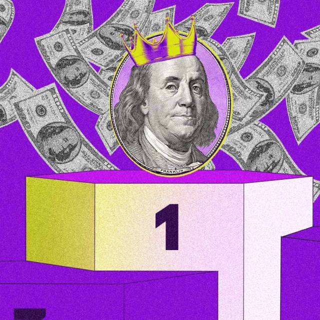 Quanto rende 1 milhão de reais? Ilustração mostra o rosto do ex-presidente norte-americano Benjamin Franklin em cima de um pódio. Ele tem uma coroa dourada sobre a cabeça e está cercado por várias notas de dólar.