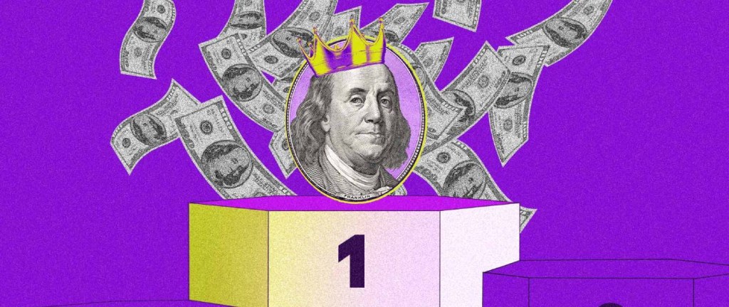 Como juntar 1 milhão de reais? Ilustração mostra o rosto do ex-presidente norte-americano Benjamin Franklin em cima de um pódio. Ele tem uma coroa dourada sobre a cabeça e está cercado por várias notas de dólar.