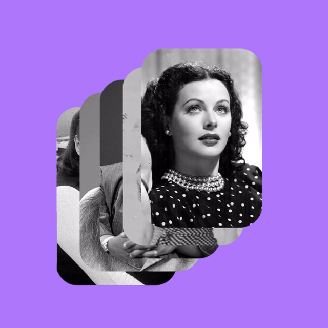 Mulheres na Tecnologia: imagem de Hedy Lamarr, atriz e inventora austríaca. A fotografia é preta e branca e está sobre um fundo roxo. Ao lado, está escrito "Mulheres incríveis & as tecnologias que elas criaram".