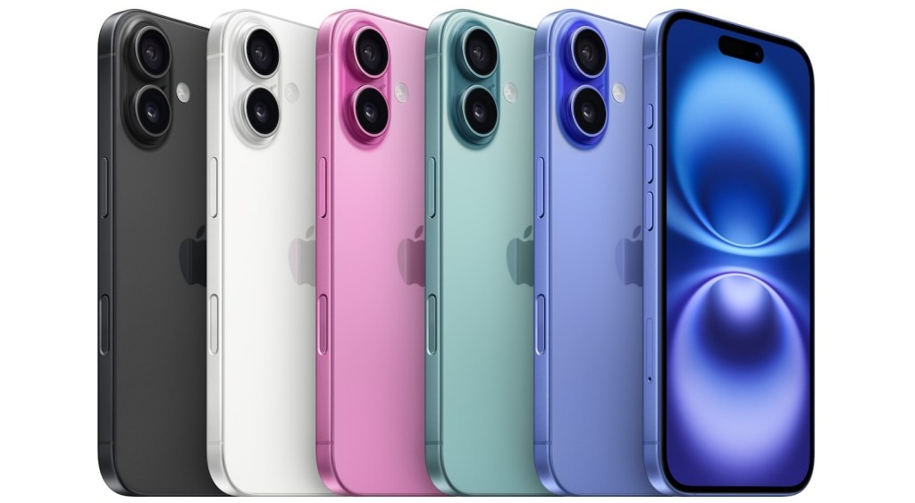 Foto mostra modelos do novo iPhone 16 e iPhone 16 Pro, de diversas cores, enfileirados.